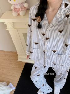 Loose Long Sleeve Striped Sleepwear Set for Women Spring Autumn Sweet Simple Student Home Clothes Korean Style New Ins Color Block