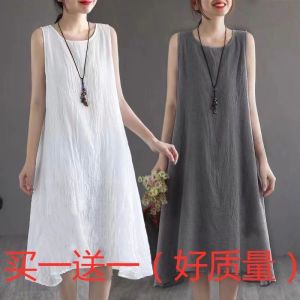 Summer New Womens Cotton Linen Sleeveless Vest Dress Mid-Length Slimming Tummy Covering Long Skirt Casual Loose Fit Fairy Skirt