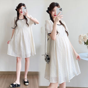 Maternity Summer New Fashion Korean Version Embroidered Fresh Sweet Loose Slimming Simple Pure Color Dress Women