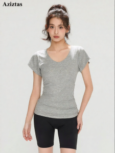aziztas | Quick-Drying V-Neck Flying Sleeves Straight-Shoulder Yoga T-Shirt Sportswear