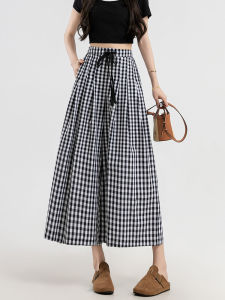 Black and White Gingham High Waist Pantskirt Womens Summer New Arrival 2024 Slim Looking Loose Easiest for Match Casual Wide Leg Umbrella Skirt