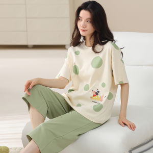 Miiow | Pure Cotton Summer Sleepwear Short Sleeve Thin Model With Chest Pad Seven Pants Outdoor Wearable Home Clothes For Young Women