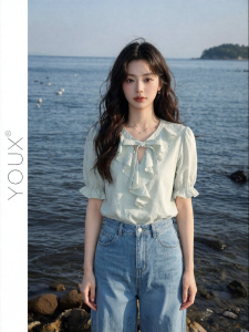 YOUXIANG | Áo Sơ Mi Dễ Thương Tay Ngắn Form Rộng Có Nếp Nhăn