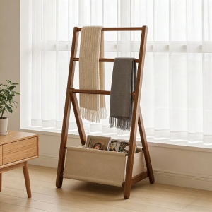 Wooden Clothes Rack Floor Towel Rack Stand With Laundry Storage Basket Clothes Hanger Clothes Drying Rack Bathroom Dirty Clothes Storage