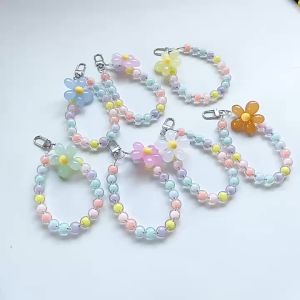 Colorful Lanyard Bow Heart Beaded Bracelet Flower Phone Charm Pearl Mobile Wrist Strap Anti Lost