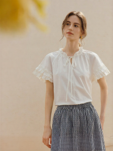INMAN | Cotton French Lace Small Flounce Short Sleeve White Blouse