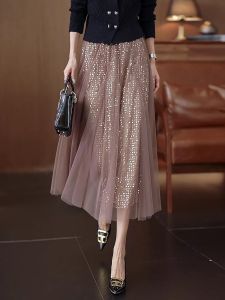 Shiny Sequin Mesh Skirt Womens A-Line Midi Skirt Slimming Hip Covering Large Flounce Fairy Skirt Spring Autumn High Waist
