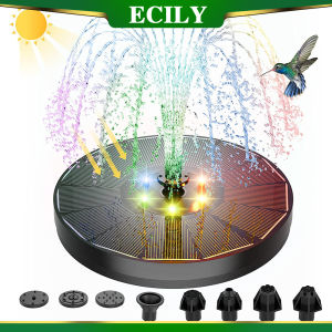 ECILY ปั๊มน้ำน้ำพุพลังงานแสงอาทิตย์พร้อมไฟ LED สีสำหรับอาบน้ำนก3W หัวฉีด7หัวและถังบ่อสวนลอย4อัน