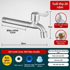 Vòi Nước Bằng Thép Không Gỉ 304 Cực Dài G1/2 Gắn Tường Máy Giặt Áp Lực cao/Cây Lau nhà/Bể bơi/Vòi Lọc Nước Sân Vườn