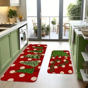 VIKAMA Christmas Kitchen Mat Xmas Tree Polka Dot Print Floor Rug Non Slip For Sink Laundry Room Dining Holiday Decor