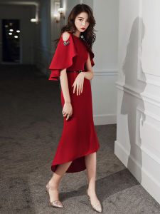 Bride Fish Tail Evening Gown Red Wine Color Mid-Length Wedding Dress Small Size Can Wear Daily Korean Style Zipper Backless