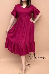 CASUAL VNECK ALYANNA FLARE SLEEVES CHALLIS DRESS PLUS SIZE| ONE SIZE M-XL
