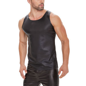 Plus Size Mens Shiny Leather Tank Top Soft Matte Leather T-Shirts Sleeveless Male High Elastic V-neck Shaping Vest【Sekexi-00245】