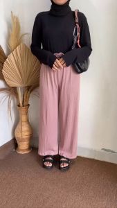 Celana Kulot Rib Knit Highwaist Kancing Dua Melar Full Karet Ada Kantong