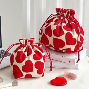 Heart Print Large Capacity Makeup Bag Multi-Functional Portable Corduroy Cosmetic Candy Organizer Drawstring Bag Storage Bag