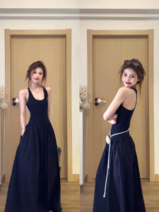 SUHUIQIAN | Sleeveless Navy Blue Halter Neck Waist-Cinching Long Dress