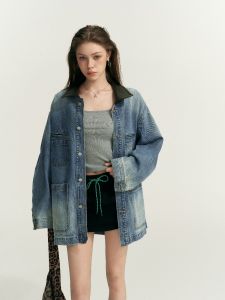 VANMYTH Retro Collar Multi-Pocket Denim Jacket Spring Summer New Style Loose Fit Long Sleeve Single Button Closure Pure Color