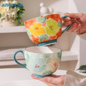 JUSTINLAU Ceramic Household Relief Flower Tea Cup Breakfast Milk Oat Mugs Office Hand Drawn Art Drinking Water Cups Coffee Cup