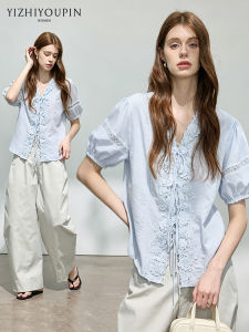 French V-Neck Ribbon Lace Embroidery Shirt