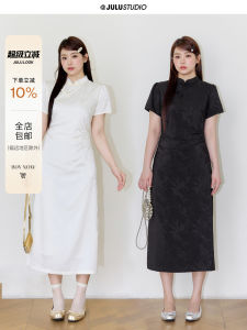 New Chinese Style Long Dress plus Size Elegant Cold A-Line Skirt High Waist Regular Sleeve Patterned for Plump Women