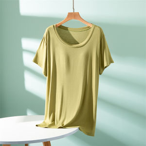 Outwear Modal Short-Sleeved T-shirt with Chest Pad Wear-Free Bra Bottoming Shirt Womens Summer Thin Pure Color Mid Length Long Length Tops