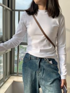 Womens round Neck Long Sleeve T-Shirt Pure Cotton Base Shirt Short Style Fashionable Tight Fit Autumn Season Commute Wear