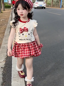 ชุดสูทเด็กผู้หญิง2025เสื้อแมวคิตตี้ลายการ์ตูนน่ารักสำหรับเด็กผู้หญิงฤดูร้อนแบบใหม่ชุดสองชิ้นกระโปรงลายสก๊อต