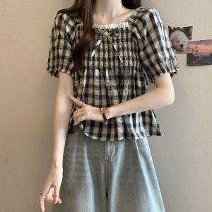 plus Size Womens Vintage Plaid Bubble Sleeve Square Collar Shirt Summer Belly Covering Lace Hem Versatile Top for plus Size