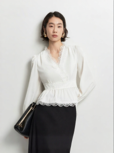 Vero Moda | Lace Trimmed V-Neck Peplum Flared Sleeve French Style Blouse