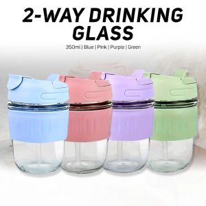 MP00 350ml/500ml Reusable 2 Way Drinking Glass Cup Mug W/ Lid Straw Handle & Protective Sleeve For Coffee & Juice