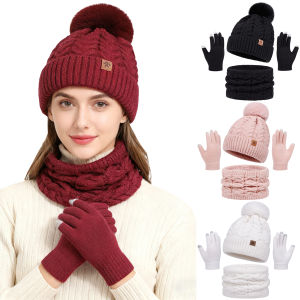 3Pcs Women Winter Hat Scarf Gloves Set Christmas Fur Ball Teenager Beanie Neck Warmer Suit Pompom Knitted Woman Men Cap Set