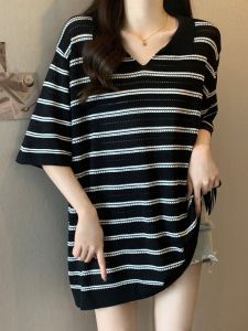Slimming Stripe V-neck Short Sleeve Polo Shirt Womens Summer plus Size Casual Regular Shoulder Base Top Comfortable T-shirt