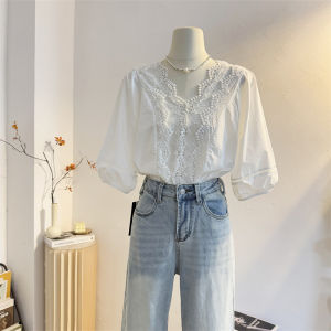 WANGGONGZHU | French Style V-Neck Ruffle Patchwork Short Sleeve Hollow Out Bubble Sleeve Shirt Women Summer New Loose Fit Breathable Casual Top