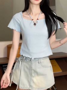Choker Neck Short Sleeve T-Shirt Women Summer plus Size Stylish Shirt Korean Style Slim Fit Creative Pattern Casual Wear
