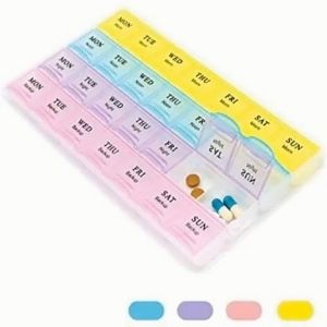 Medicine Box Weekly Pill Organizer Free Travel 7 Day Pill Box Case with Push Button Design and Large Compartment to Hold Vitamins Cod Liver Oil Supplements and Medication for Daily Morning Noon Night Backup Am Pm