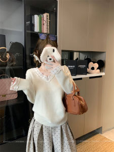 GUZILIAN | Womens V-neck Lace Trim Sweater Winter Fashion Sweet Youthful Versatile Soft Knitted Shirt Slimming Top Korean Style Loose Fit