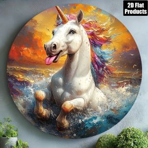 CIFbuy | 2D Metal Unicorn Wall Art 8x8in Pink Purple Tail Round Sign Decor