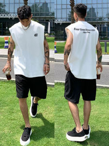 ผ้าฝ้ายแขนกุดเสื้อยืดสําหรับชายหลวม Fit ฤดูร้อนสไตล์ฮ่องกงแฟชั่น Streetwear Letter พิมพ์ Crewneck แขนสั้น