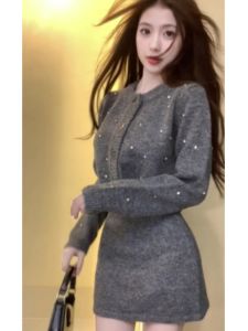 Slimming Short Knitted Cardigan And Skirt Set for Women Autumn Winter Fashion round Neck Long Sleeve High Waist A-Line Mini Dress