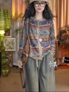 Original Bohemian Style Long Sleeve Knitted Open Cardigan Cotton Thread Fashionable Spring Autumn Wear Artistic Loose Fit