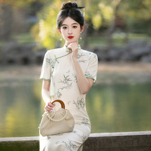 New Chinese Style Bamboo Long Qipao Dress Young Girl Summer Daily Breathable Polyester Fiber Short Sleeve Floral Print Gown