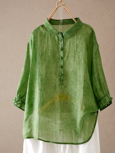 Loose Cotton Linen Shirt Women Summer New plus Size Mommy Belly Covering Top Silk Shirt Casual Style Button Detail Short Sleeve