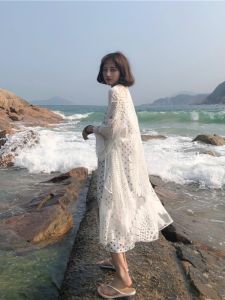 เสื้อคลุมกันแดดผ้าลูกไม้แขนยาวสไตล์เกาหลีสำหรับฤดูร้อน เสื้อคลุมคาร์ดิแกนบางสำหรับไปเที่ยวชายหาด ผ้าโปร่ง เสื้อคลุมกันแดดสำหรับฤดูร้อน