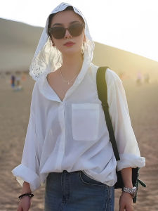 เสื้อเชิ้ตผู้หญิงแขนยาวป้องกันแสงแดดแบบมีฮู้ด ทรงหลวม ผ้าโปร่ง เสื้อคลุมกันหนาวแบบบาง เสื้อผ้าทำงานฤดูใบไม้ผลิและฤดูใบไม้ร่วง