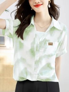 WANGGONGZHU | Summer 2025 Womens Tie Dye Chiffon Shirt Short Sleeve Korean Style Commute Polo Collar Loose Fit Pure Color Fashionable Top
