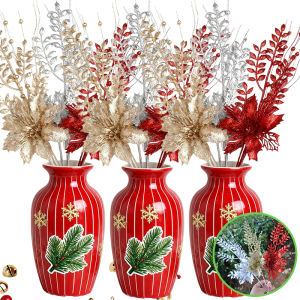 42/38cm Artificial Glittered Christmas Flower Sparkling Foliage Stems for Holiday DIY Xmas Tree Wreath Centerpiece Decorations
