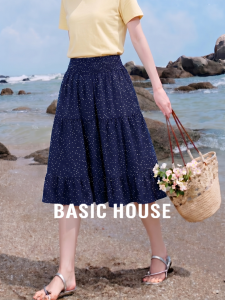 Basic House | High Waist Dot Pattern A-Line Flare Skirt Blue Summer
