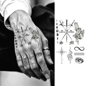 Collection of Patterned Herbal Hand Tattoo Stickers Featuring Bats Letters Venomous Snakes Sun Polar Star Swords and Eyes in a Retro Style Temporary Tattoo Gift