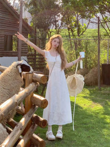 Sweet Morning Flower Shadow Lace Trim Sleeveless Belted Dress Summer New Style White Moonlight First Love Tea Break Dress