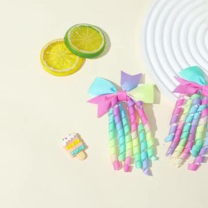 2Pcs Ribbon-Tassel Hair Clips Popular Sweet Rainbow Curly Ribbon Double Ponytail Hairpin Baby Girl Hair Accessories For Children